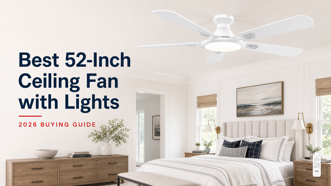 White 52-inch TCL ceiling fan with lights in a modern bedroom