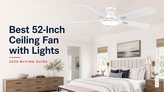 White 52-inch TCL ceiling fan with lights in a modern bedroom