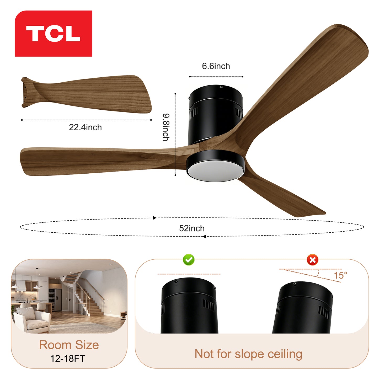 TCL 52 in. Low-Profile Wood Ceiling Fan with Light
