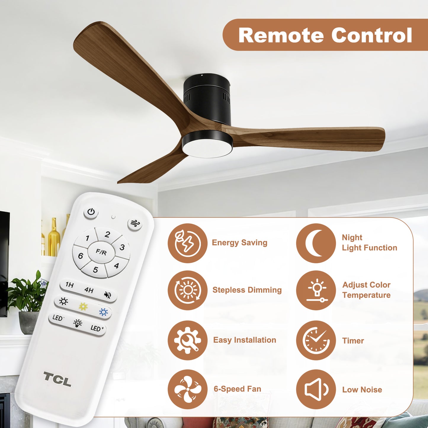 TCL 52 in. Low-Profile Wood Ceiling Fan with Light