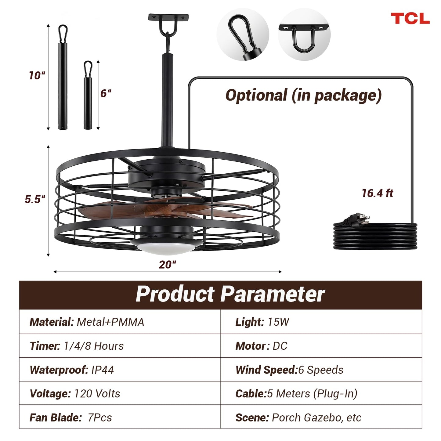 TCL 20 in. Outdoor Caged Ceiling Fan with Light